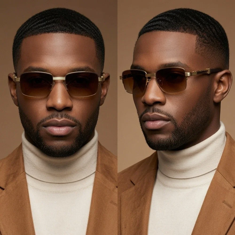 Men Sunglasses Vintage eyewear Sophisticated brown tinted Lens glass gold trim